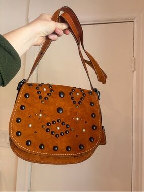Studded Suede Saddle Bag in Cognac Brown Coach
